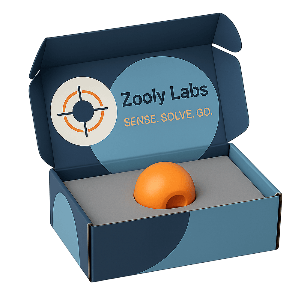 Zooly Labs product box featuring the orange sensor device